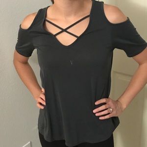 Open shoulder gray shirt